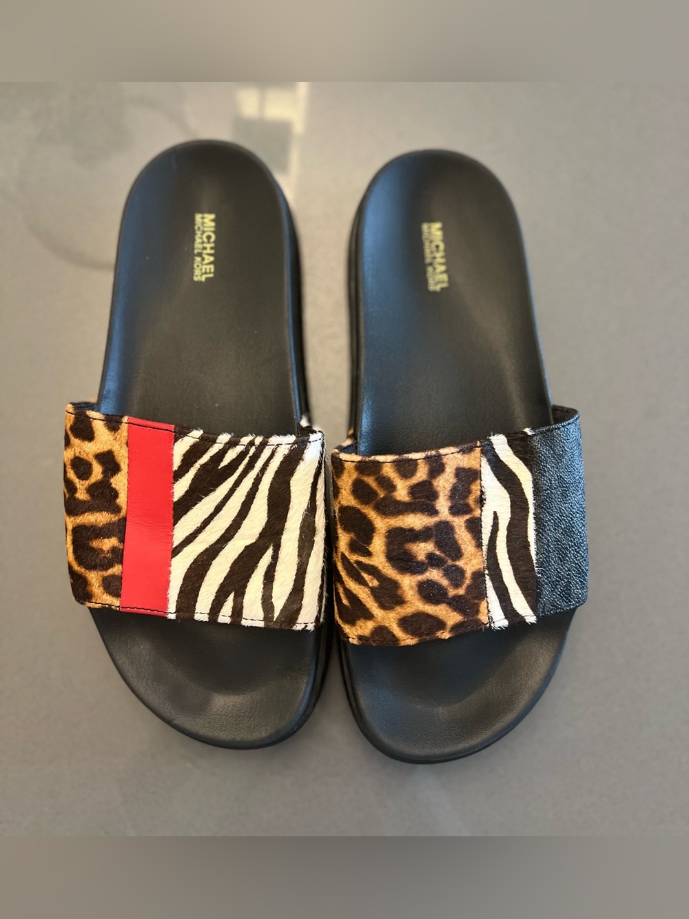 MICHAEL Michael Kors Animal Print Calf Hair Slides Black Brown White Red Size 10 - Picture 2 of 6